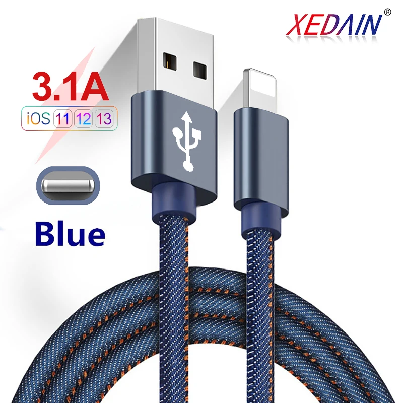 Джинсовый USB кабель для зарядки подходит iPhone X XS Max 11 3A быстрой 6 6s 7 8... стандартный