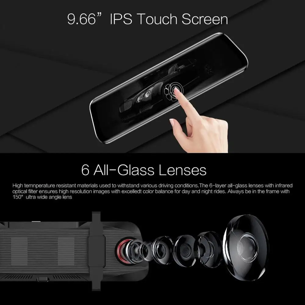 

T11 ADAS Dash Cam 9.66 Inch IPS Touch WDR Car Rearview Mirror DVR Camera 1080p 720p Dual Lens Driving Video Recorder