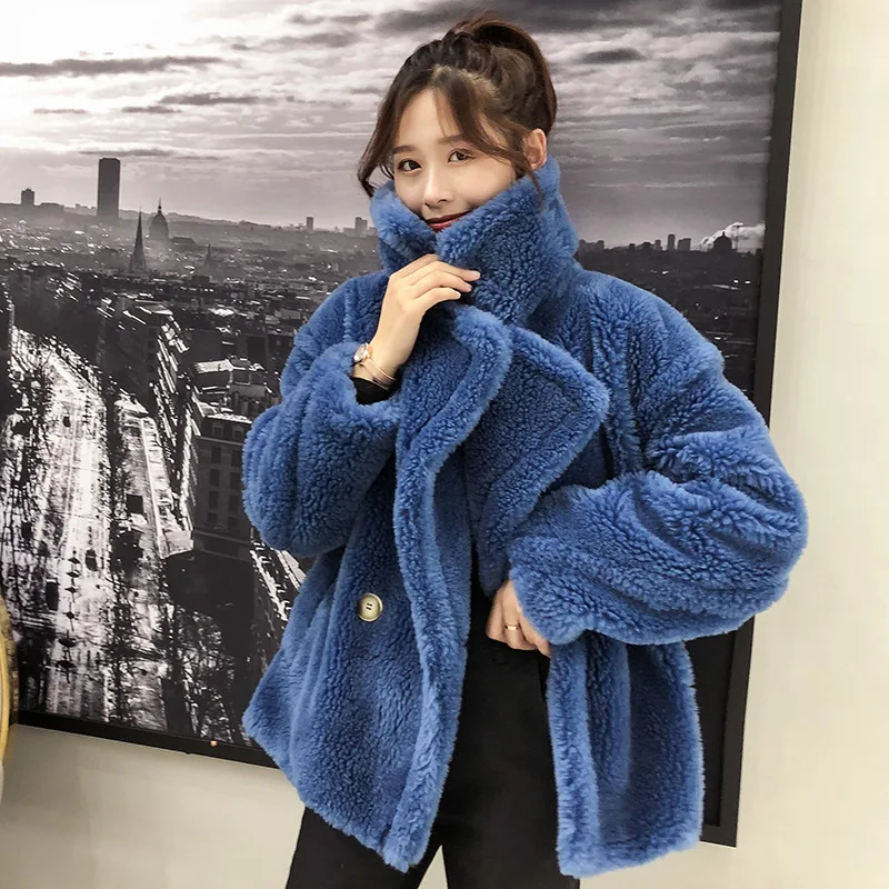 Пальто из натурального меха женская зимняя куртка женская одежда корейские плюшевые пальто из натуральной овечьей шерсти Женская Верхняя теплая куртка Hiver 181 - Цвет: Blue