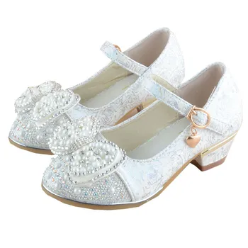 

New 2020 Girls High-heeled Leather Shoes Children's Princess Single Shoes Fashion Bow Pearl Kids Wedding Party Shoes Pink White