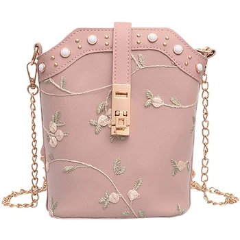 

Fashion Handbags New Bucket Bag Solid Color Embroidery Chain Wild Bag Shoulder Messenger Bag Messenger Bag Pink