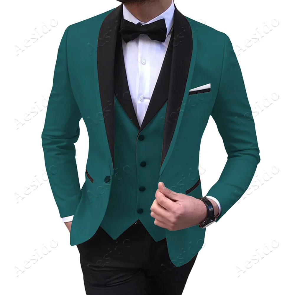 Teal Aesido Fashion Men's Suits Slim Fit Prom Tuxedos Shawl Lapel Blazer Vest Pants 3 Pieces Suit Set Groomsmen for Wedding - Цвет: Teal