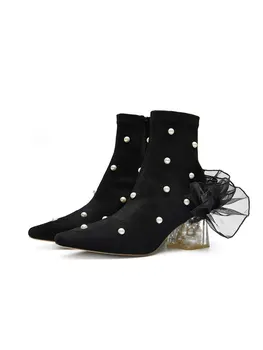 

Womens Round Toe Pearls Lace Decor Ankle Boots Sexy Block Clear Transparent Crystal Heel Shoes Black New 2020 Fashion