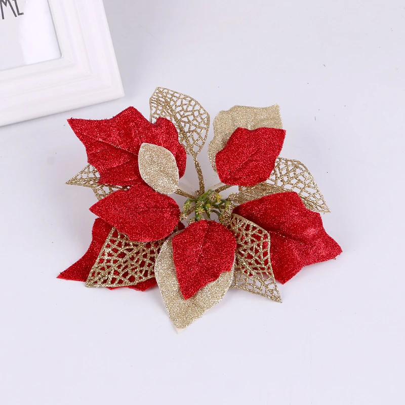 12 шт. Блестящий Poinsettia Рождественский Декор золотой цветок дерево украшения для дома Рождественская елка венок украшения 22 см
