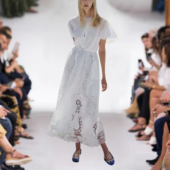 

High Quality 2019 Summer Runway Designer Women Long Dress Elegant O Neck Short Sleeve White Dress Vintage Hollow Out Lace Dress