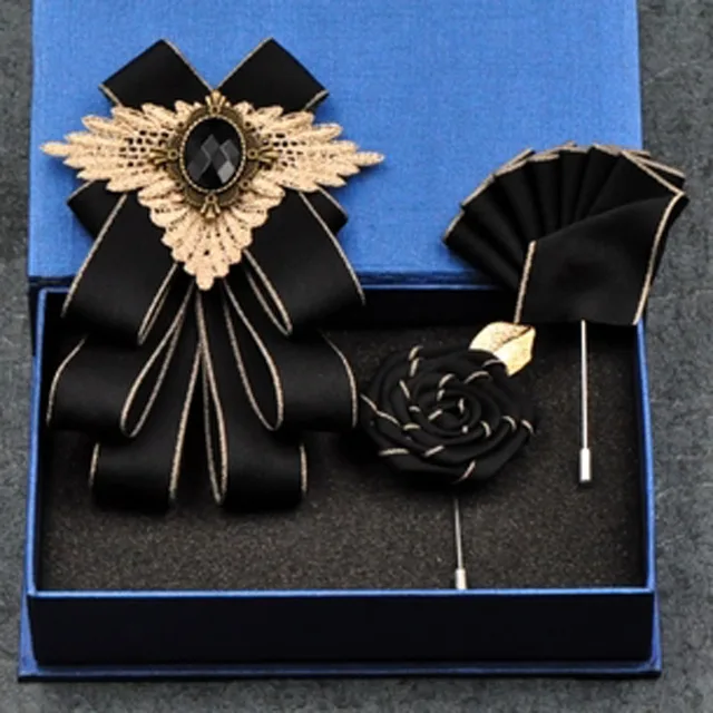 British New Fashion Men's Wedding Performance Groom Wedding-Party Flower Collar Bow Tie Pocket Towel Square Set Men Accessories Black set 2