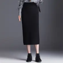 Женская осенне-зимняя шерстяная юбка средней длины из плотной вязанной шерсти черного цвета