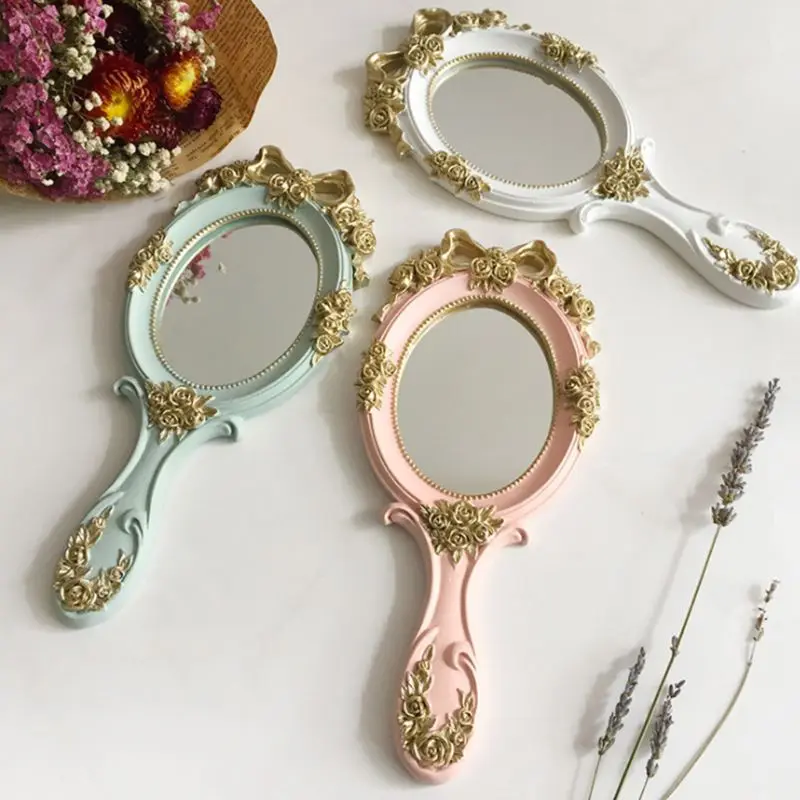 

European Palace Style Vintage Handheld Roses Mirror Princess Women Girls Oval Vanity Makeup Cosmetic Tool with Anti-Slip Handl