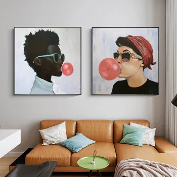 

Canvas Painting Prints Women Men Blow Red Bubbles Gum Wall Art Poster Pictures for Dining Room Modern Art Wall Home Decor