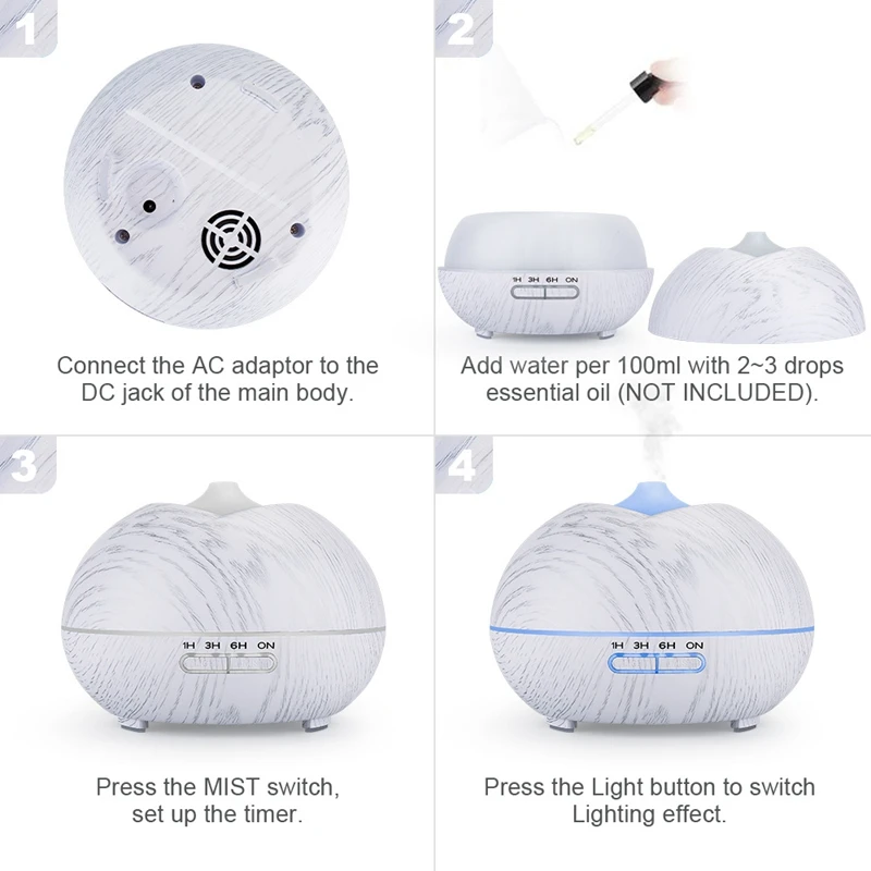 Essential Oil Diffuser400Ml Aroma Diffuser Remote Cold Mist Humidifier with 7-Color LED Light(EU Plug)