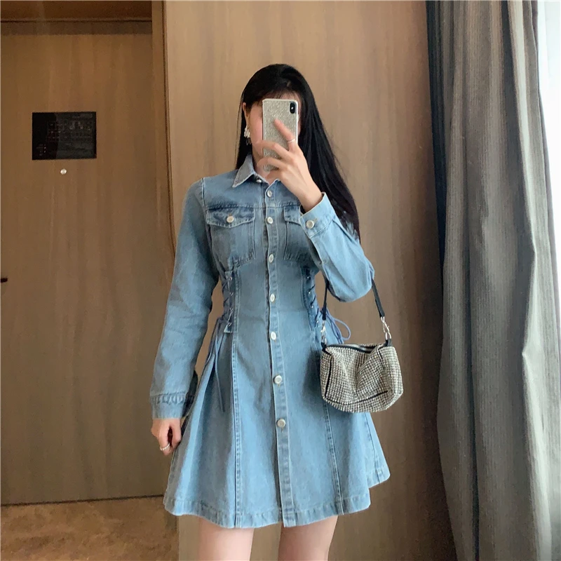 

Jean Dress for Woman 2020 Spring Summer European Style Bandage Waist Slimming Fold-down Collar Long Sleeve Dress Denim Dresses