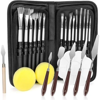 

Paint Brush Set, 15Pcs Artist Paint Brushes 6Pcs Palette Scrapers 2 Sponge Balls 1 Palette for Oil Watercolor Paint