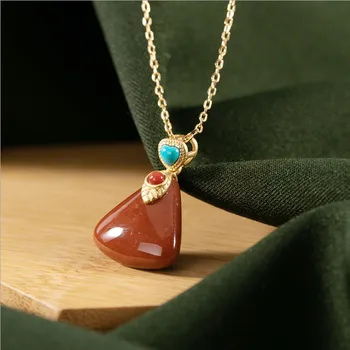 

Silver inlaid natural South Red geometric Pendant Necklace Chinese style retro elegant creative women's brand jewelry