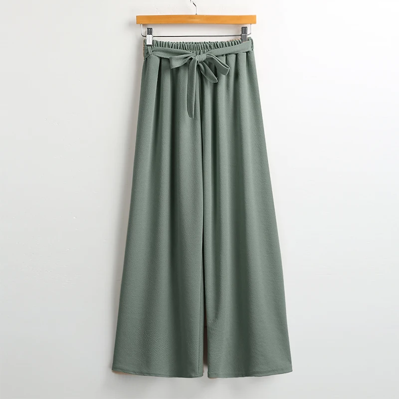 Versear Women Wide Legs Pants Solid Belted Bow Elastic High Waist Loose Casual Cropped Pants Spring Fall Trousers Pantalon Femme