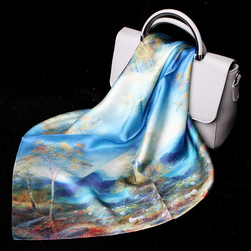 

100% Silk Scarf Female Korean Satin Silk Painting Gradient Printing Small Square Scarf Accessories