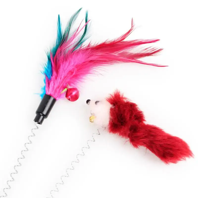 1PC Spring Pet Toy Elastic Spring Color Mouse And Feather Bottom Sucker Pet Cat Toy Product Cat Accessories Decoration Random