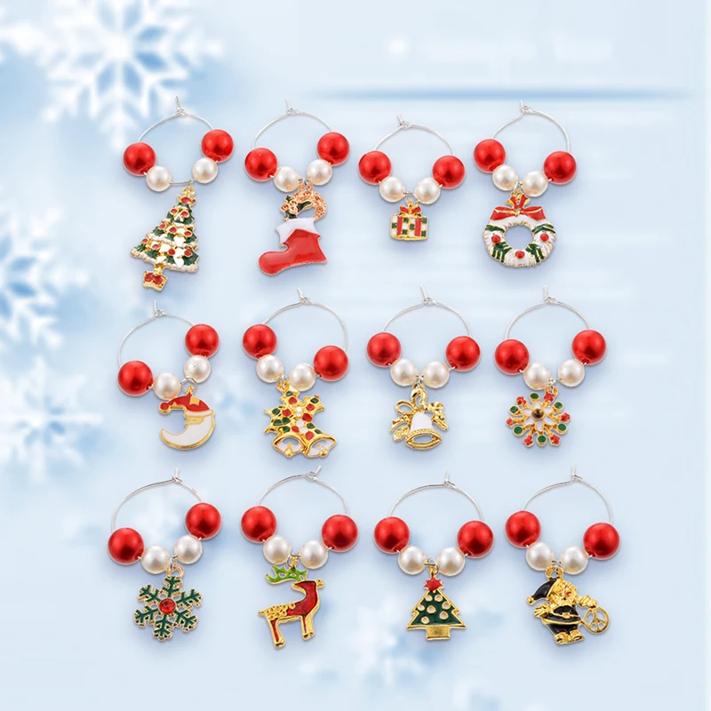 12Pcs Домашние) 12 шт./компл. для рождественской вечеринки Стекло кулон акриловые бусины подвески из цинкового сплава, цинковый сплав, вино Стекло чашки кольцо маркеры украшения - Цвет: 12Pcs