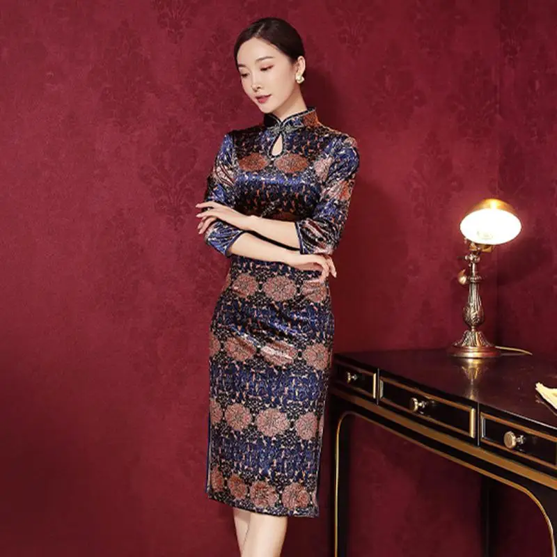 Китайское традиционное женское платье Чонсам с цветочным принтом и воротником-стойкой, вечернее платье с длинными рукавами 3/4, Qipao, большие размеры 3XL 4XL - Цвет: Navy Blue