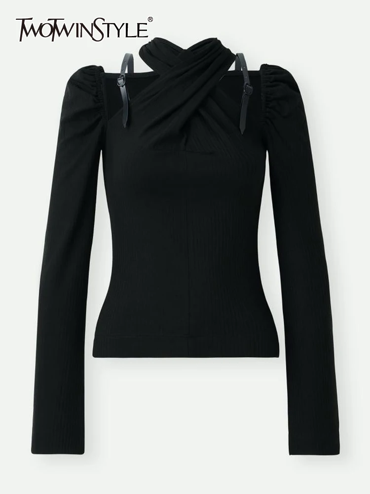 

TWOTWINSTYLE Casual Knitting T Shirts For Women Halter Off Shoulder Slim Long Sleeve Cut Out T Shirt Female 2021 Autumn Clothing