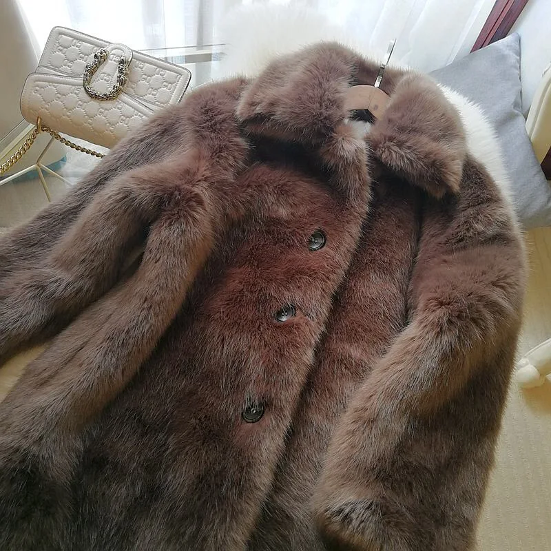 Высококачественное новое зимнее мохнатое однобортное пальто из искусственного меха с пуговицами и лацканами, сохраняющее тепло, меховое пальто средней длины, Женская куртка, верхняя одежда
