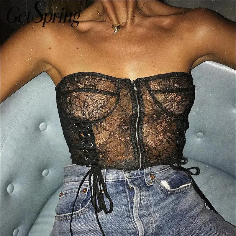 GETSPRING Women  Crop Top Slash Neck Drawstring Bandage Hollow Out Sexy Crop Tops Black All Match Women Tops 2022 New Fashion
