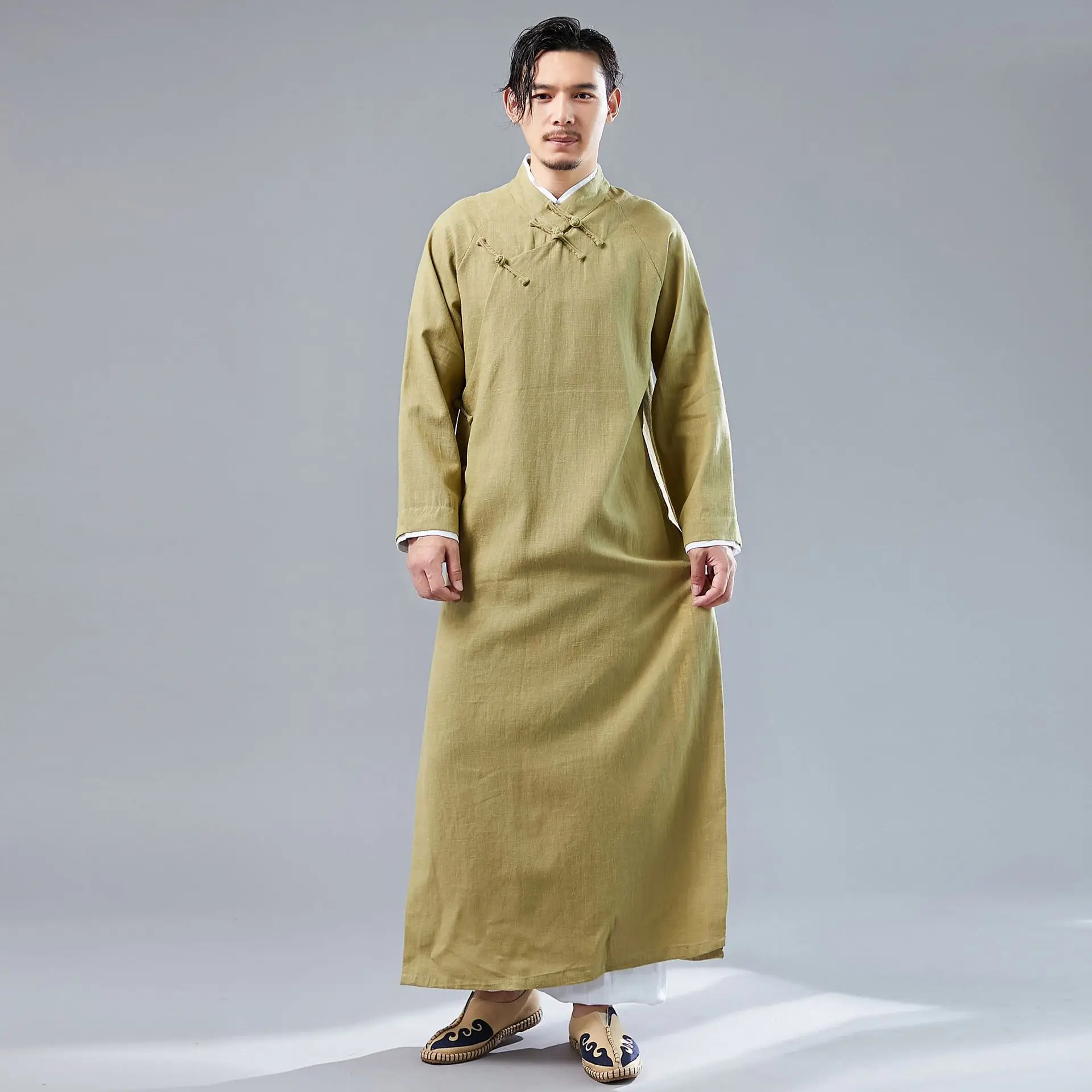 Китайская традиционная Мужская рубашка из хлопка и льна Hanfu длинное платье Qipao Мужской винтажный костюм Тан Восточный Костюм