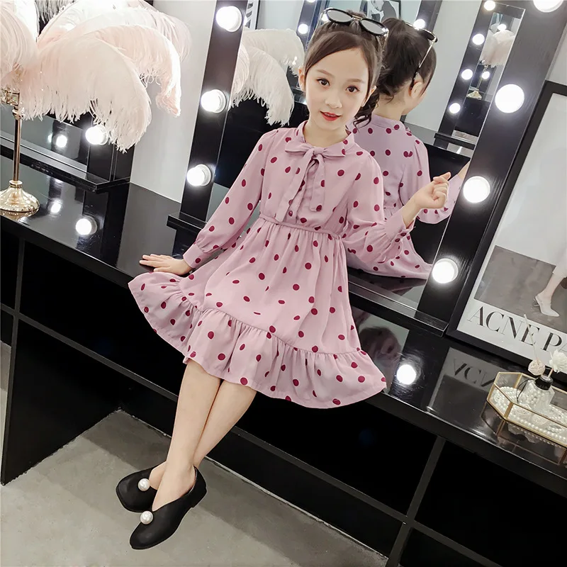Коллекция года, детская одежда весенне-осеннее Трендовое платье с бантом в Корейском стиле для девочек модное платье в горошек с длинными рукавами
