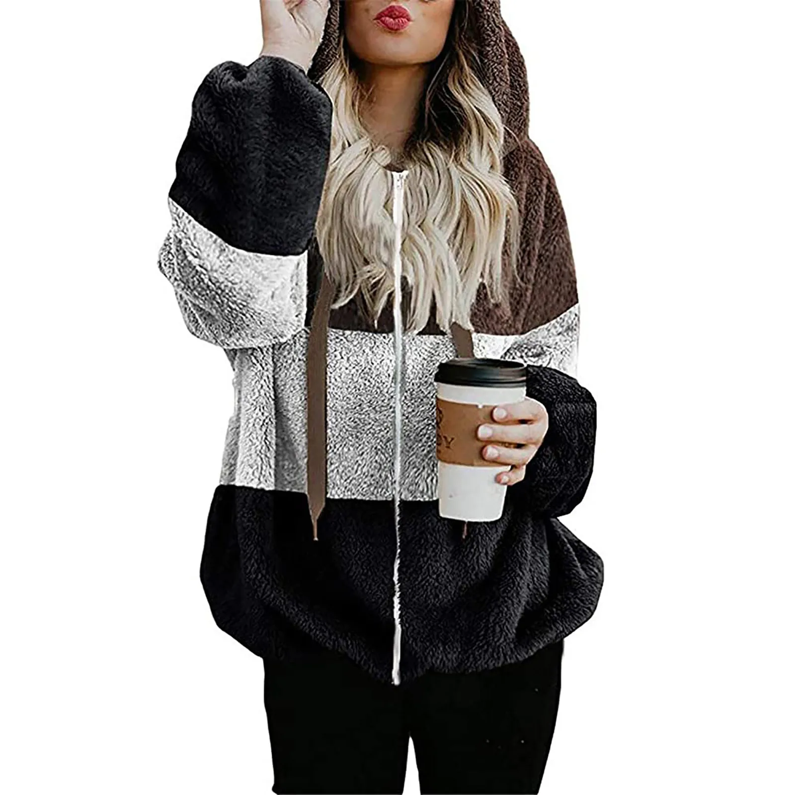 Autumn Winter Sweatshirts Womens Warm Coat Jackets Plush Hoodie Casual Zipper Long Sleeve Solid Splicing Drawstring Fashion Tops 1