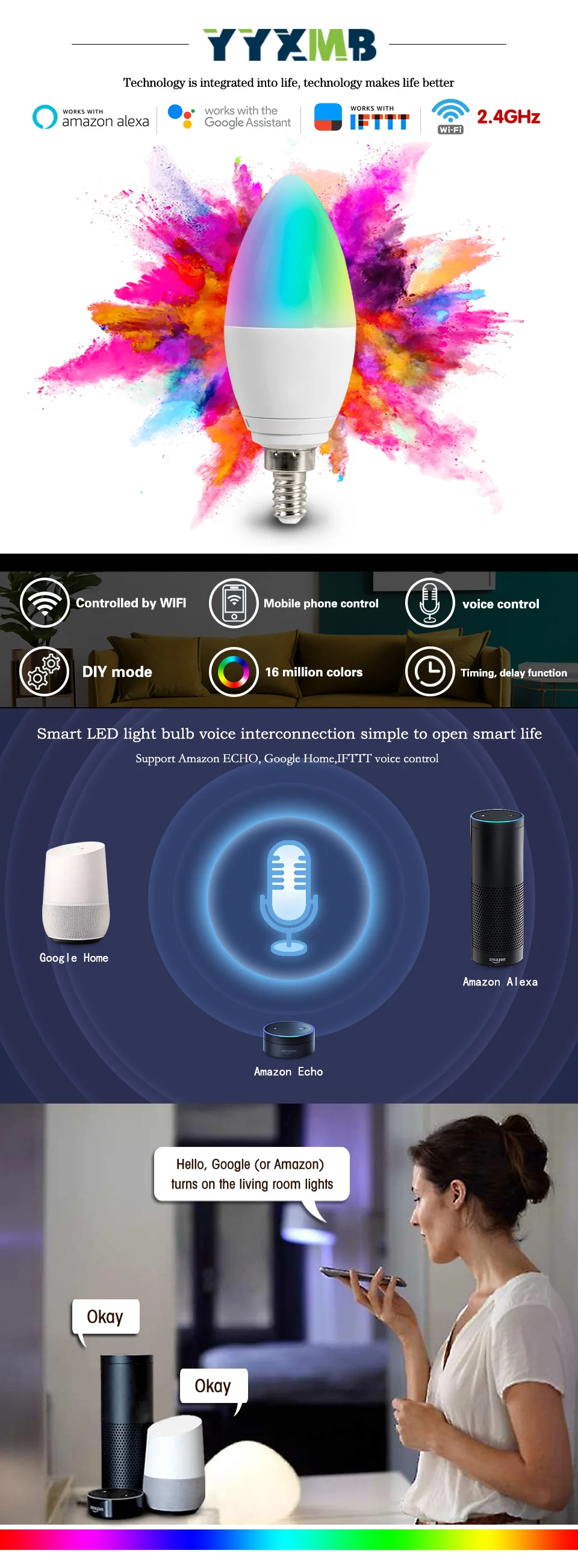 YYXMB светодиодный светильник, умная лампа с Wi-Fi, поддержка Amazon ECHO/Google Home/IFTTT, дистанционное Голосовое управление, умный RGB+ WW+ CW Светодиодный светильник, лампа