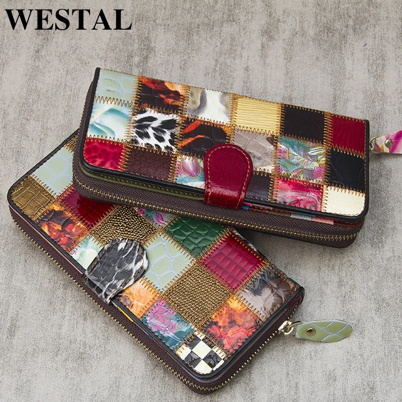 Womens Wallets Purses Wristlet WESTAL Genuine-Leather Clutch-Bag Cards-Holder Patchwork