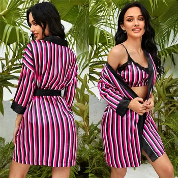 

Women Nightwear Sleeping Lace-up Shirt Striped Sexy High Waist Summer Leisure Deep V-Neck Night Bedroom Bathrobe Robes