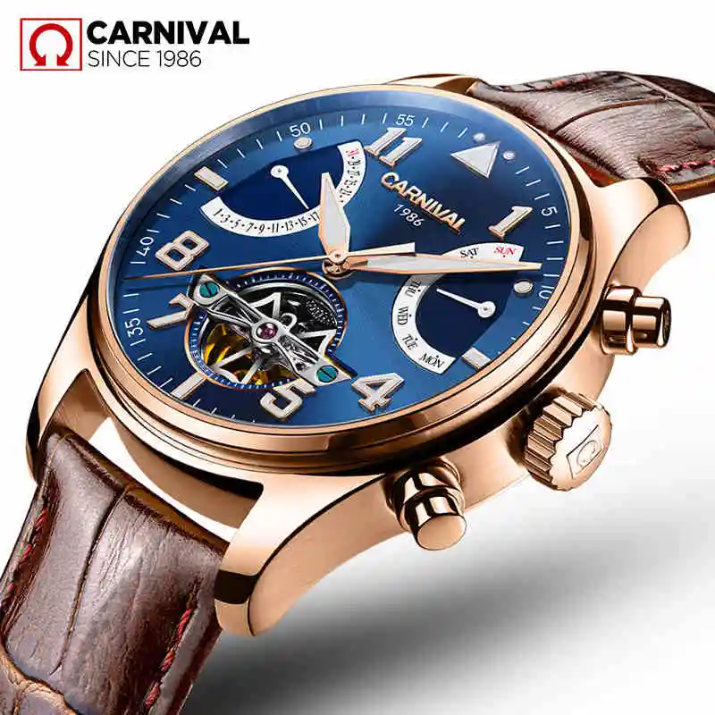 Мужские часы CARNIVAL Brand с турбийоном Роскошные водонепроницаемые модные