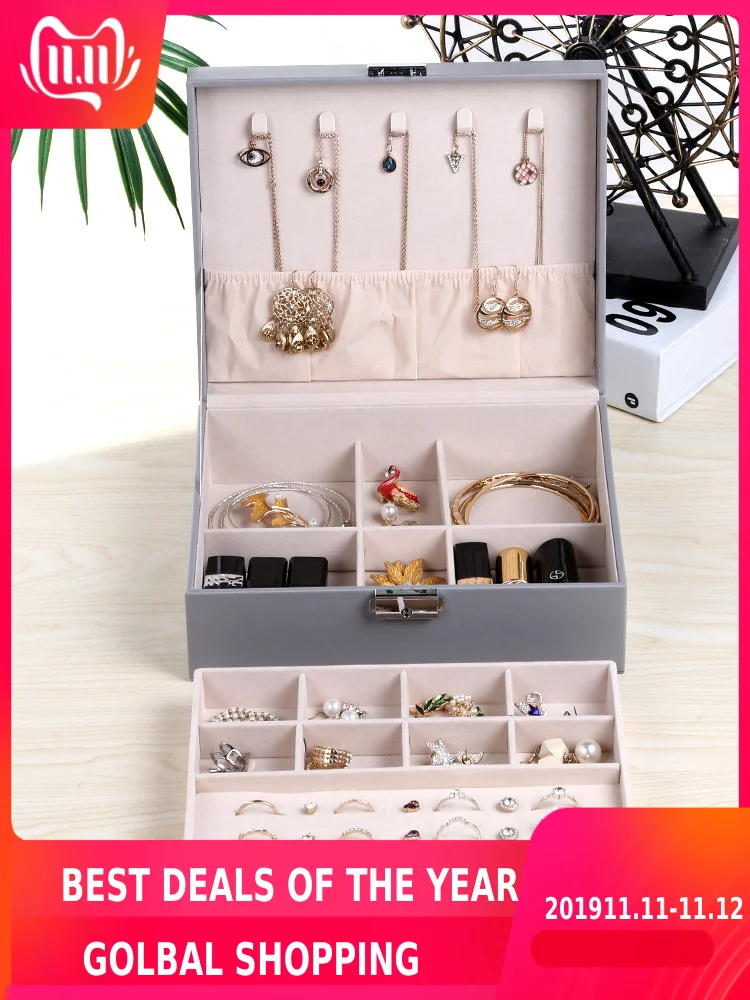 

Flip cover double layer jewelry box High capacity Pu leather ring box Simple jewelry storage box