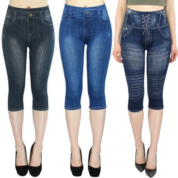 

Fake Denim Color Summer Leggings Jeans Women High Waist Stretch Short Leggins 4/3 Capri Pants Ladies Casual Wear