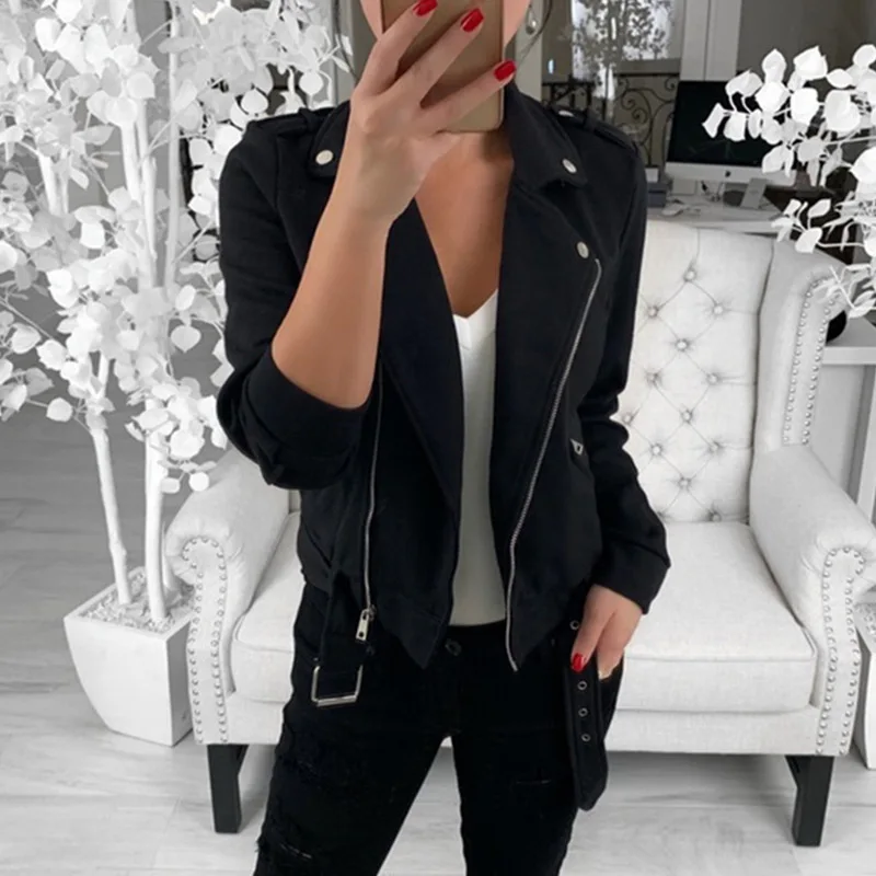 Женская байкерская куртка из искусственной кожи на молнии с поясом осень 2019 |