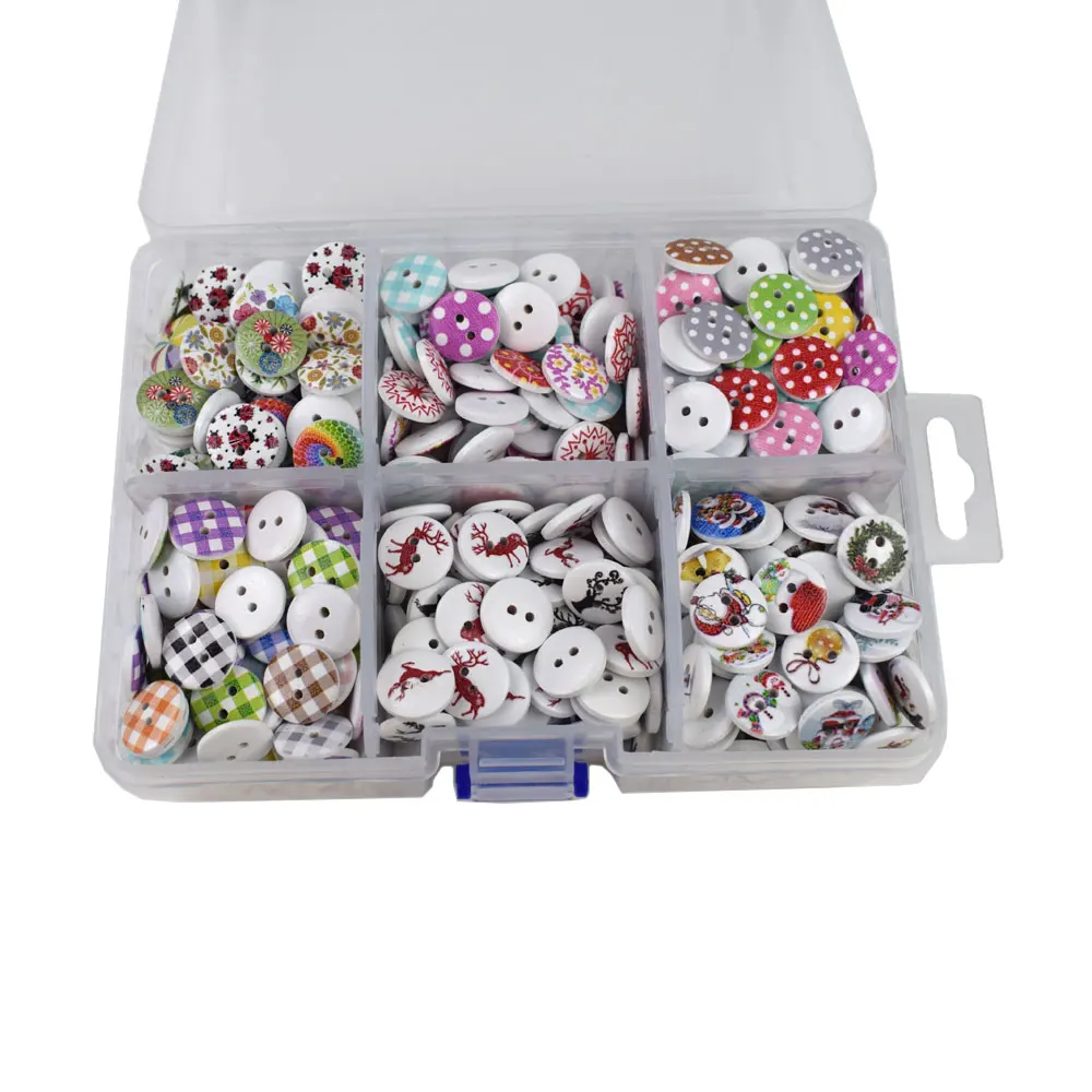 

900PCS Mixed Flower Print 2 Holes Wooden Buttons with Storage Box 15MM Decorative Buttons for Clothing Sewing Accessories