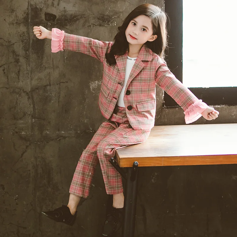 

Clothes For Girls Plaid Blazer & Pants Suit For Girls Party Turn Down Collar Girls Sets Autumn Fashion Kid Clothing For Girls
