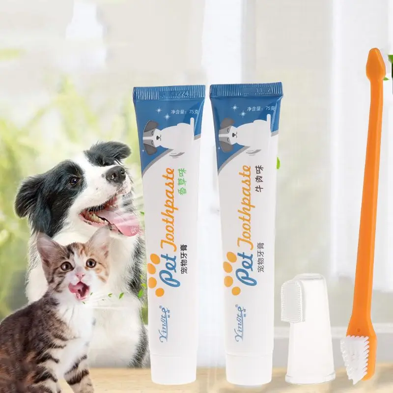 

3 Pcs Pet Toothpaste Toothbrush Set Teeth Hygiene Oral Care Kit Cat Dog Puppy Cleaning Supply