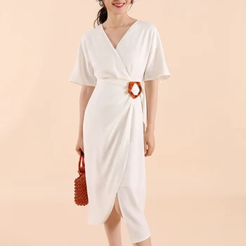 

2019 New Elegant White Wrap Dress Girdle Button Short Sleeve Asymmetrically Ruched Party Midi Dresses Vestidos