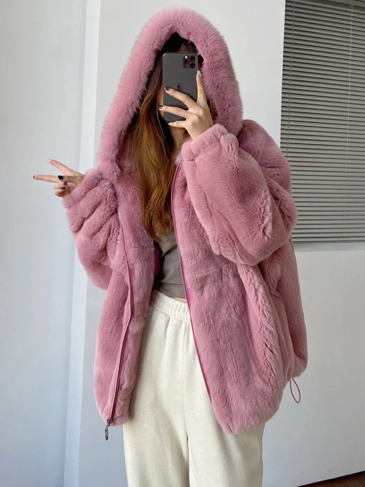 Hot Sale Women Winter Warm Soft Solid Thick Real Rex Rabbit Fur Hooded Real Fox Fur Collar Long Oversize Loose Fur Outerwear