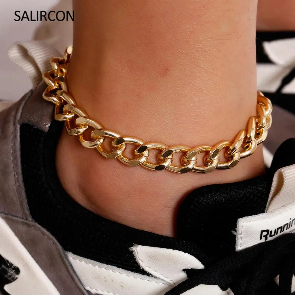 Salircon Simple Anklet Bracelets Foot Jewelry Gold Color Cuban Link Chain Chunky Anklet For Women Girls Fashion Beach Accessory Salircon Simple Anklet Bracelets Foot Jewelry Gold Color Cuban Link Chain Chunky Anklet For Women Girls Fashion Beach Accessory