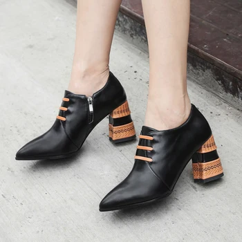 

SARAIRIS New Genuine Cow Leather Chunky High Heels Ankle Boots Woman Shoes Pointed Toe Zip Up Shoes Women Boots