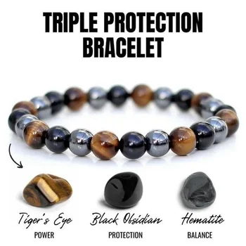 Fashion Natural Stone Bracelet for Men Tiger Eye Triple Protection Hematite Black Obsidian Bracelet Gift Jewelry Pulsera Hombr 1
