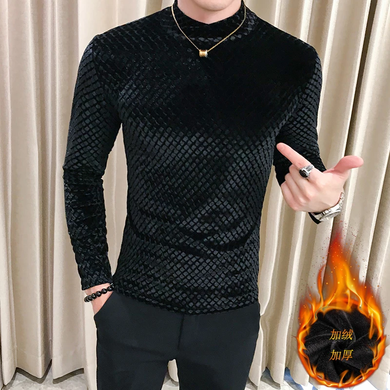 Men's T-shirt new fall slim and cashmere knit bottom long sleeve T-shirt loose casual personality youth men's wear - Цвет: Blackvelvet