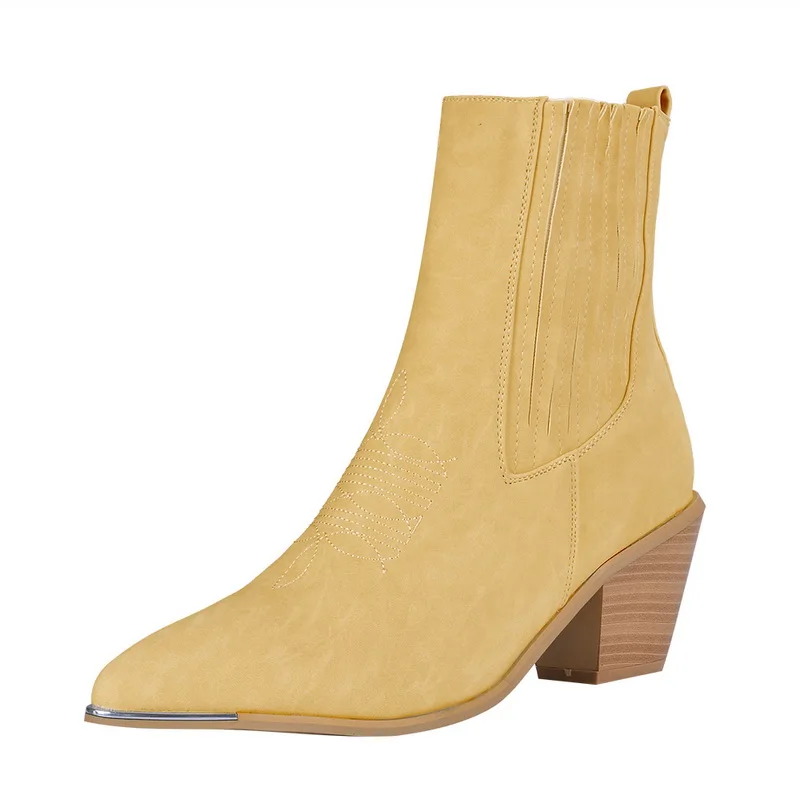 Fashion Western Cowboy Boots Women Mid-Calf Boots Wedge Winter Pu Leather Boots Pointed Toe Cowgirl Short Boots Women