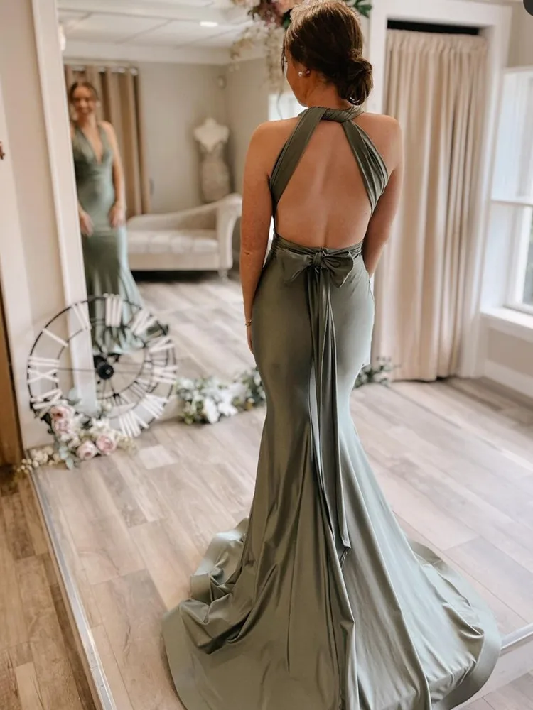 ball gown dress Elegant Mermaid V Neck Evening Dresses 2021 Party Night Sleeveless Backless Bow Design Sweep Train Vestidos Stain Robe De Soirée Prom Dresses