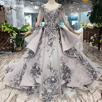 شراءHTL319 رمادي مسلم فساتين سهرة 2020 طويلة للنساء س الرقبة طويلة الأكمام الدانتيل يصل الظهر فستاين سهرة/فساتين الحفلات يزين فستان حفلات الزفاف