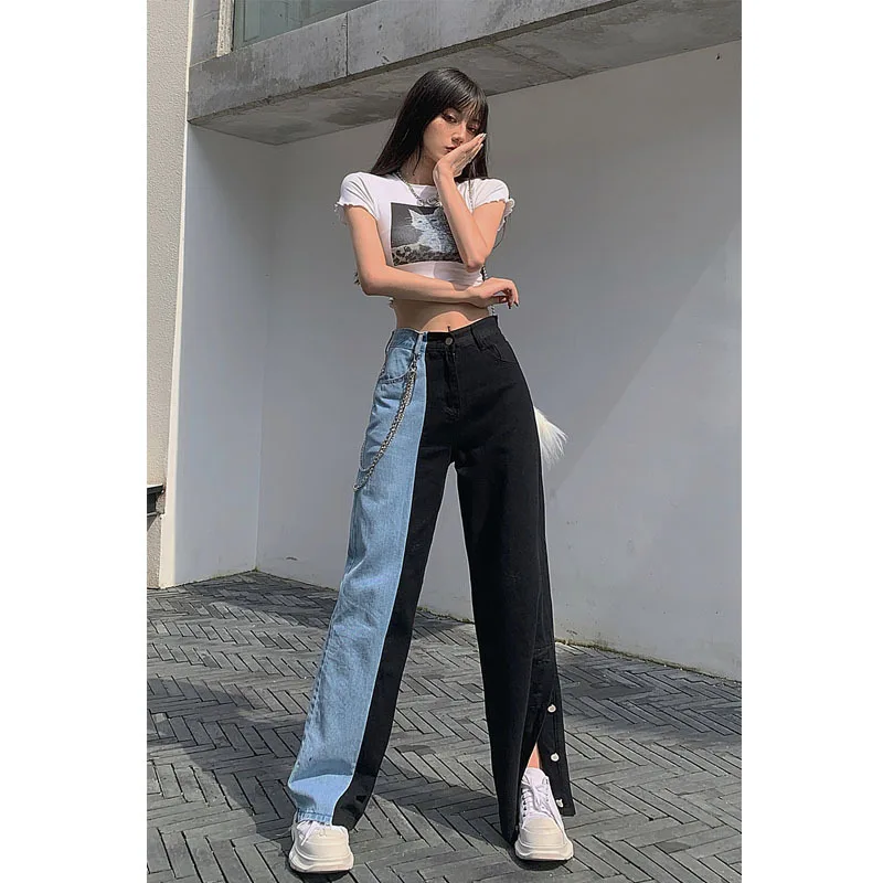 Blue Matching High waist Split Jeans 