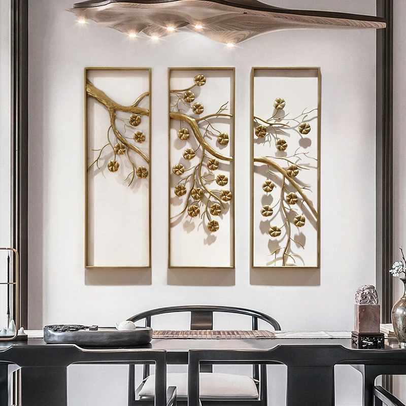 

New Chinese Wrought Iron Gold Plant Flower Pendant Wall Decoration Home Livingroom Sofa Background Wall Hanging Ornaments Crafts