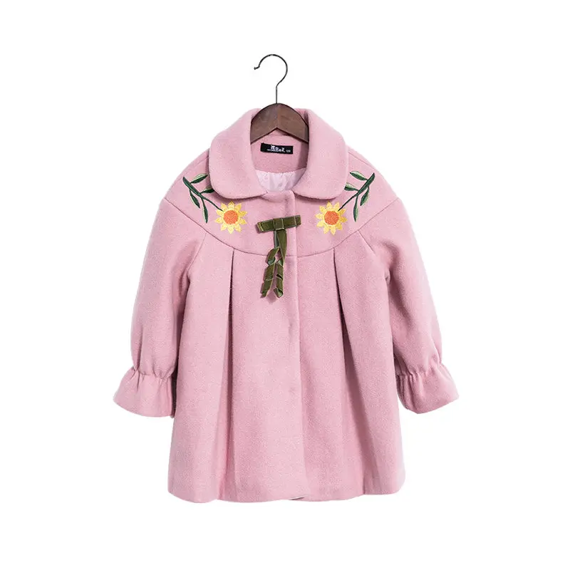 Розовый Fashion Girls Floral Pattern Cotton Winter Coat Teeanger Vintage Casual Sunflower Wool Blends Dress Outerwear Kids Overcoat - Цвет: Розовый